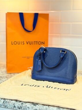 Louis Vuitton Blue Epi Alma BB Satchel with Gold Hardware